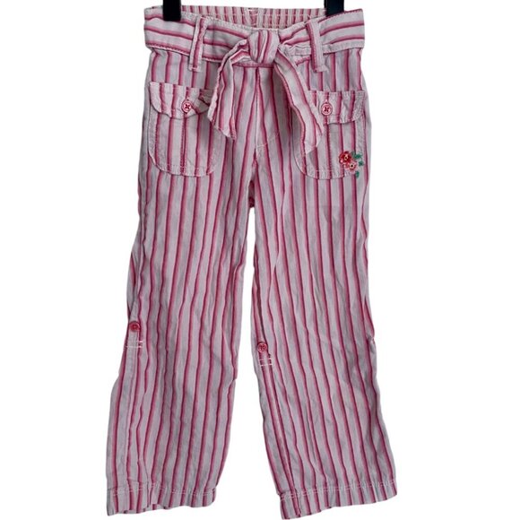 y2k OshKosh B'gosh Pink White Striped Cargo Pants 3T Tie Waist Cotton Floral - Picture 1 of 4